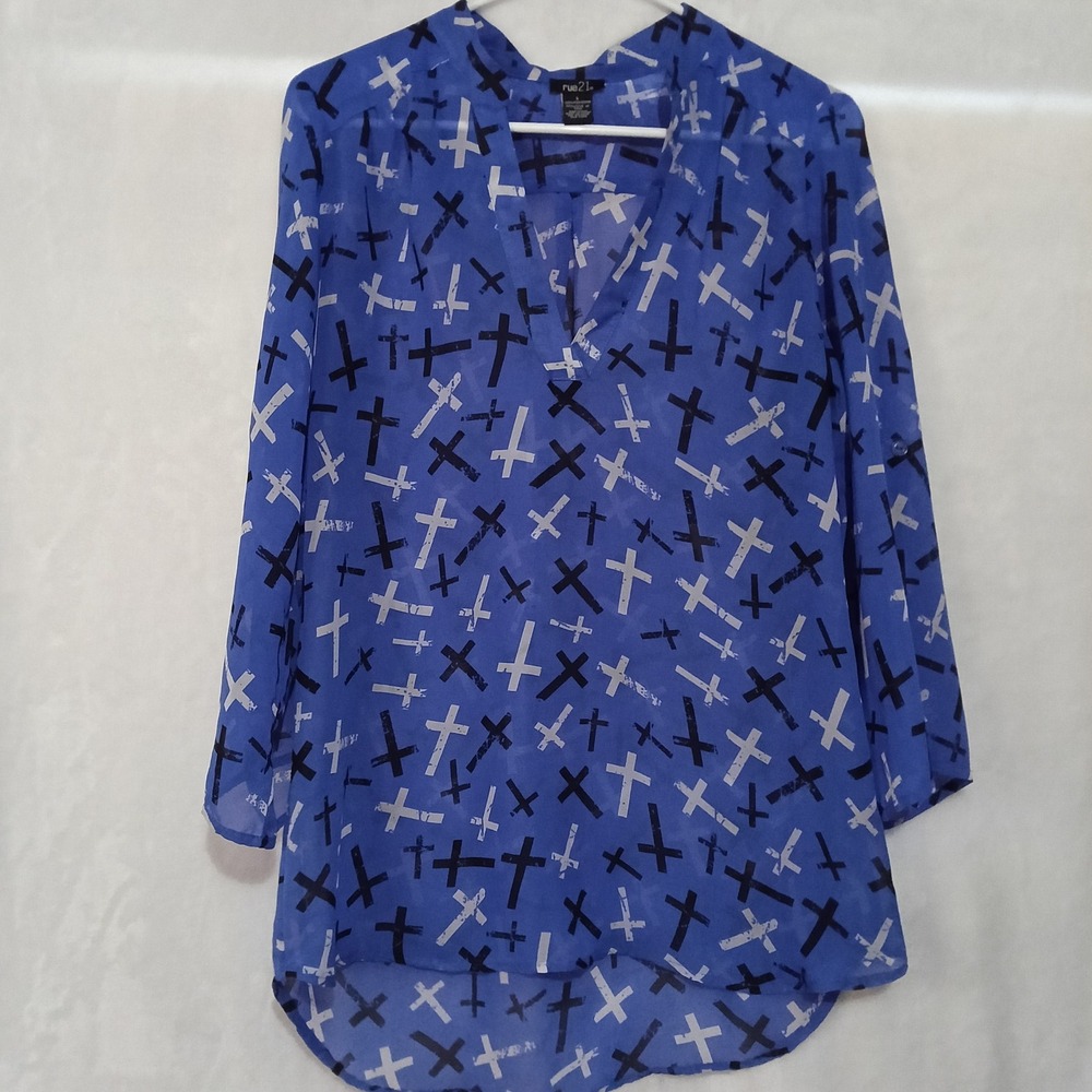 Rue21 Blue Cross Print Chiffon V-Neck Sheer Blouse High Low Hem Large